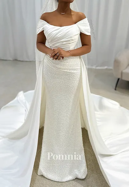 A-Line Off-Shoulder Slit Empire-Waist Ruched Satin Wedding Dress