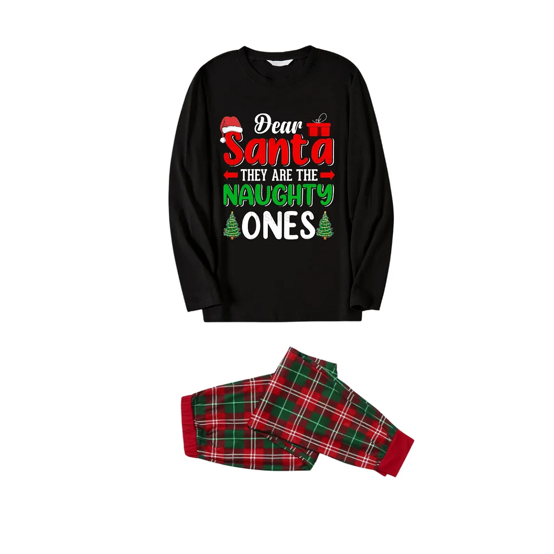 "Dear Santa They are The Naughty Ones" Slogan Printed Red and Green Plaid Family Matching Pajama