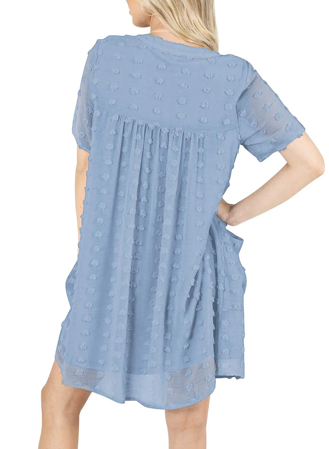 MIHOLL Women's V Neck Short Sleeve Ruffle Loose Summer Flowy Mini Dress