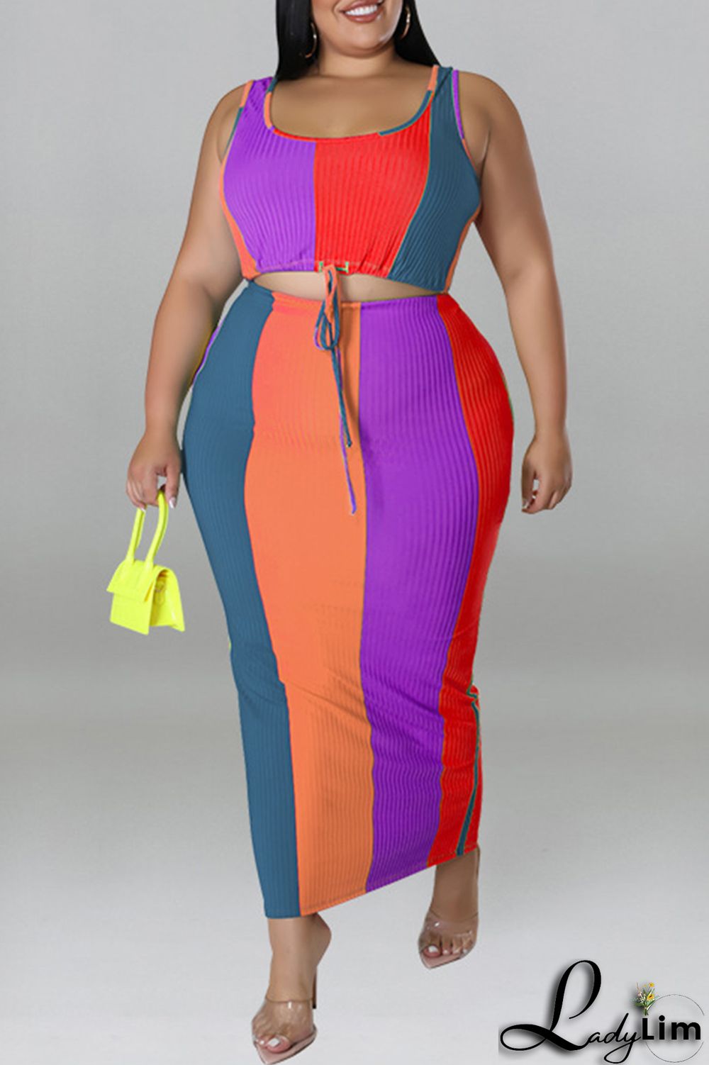 Blue Fashion Casual Striped Print Patchwork Contrast U Neck Plus Size Two Piece Set