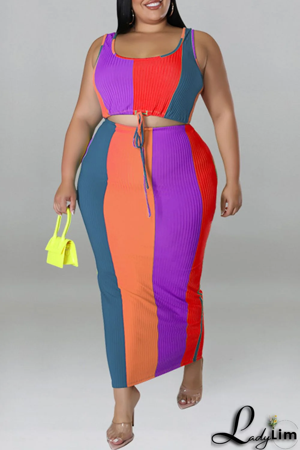 Blue Fashion Casual Striped Print Patchwork Contrast U Neck Plus Size Two Piece Set