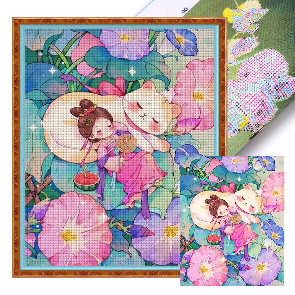 Girl In The Flowers Full 14CT Pre-stamped Canvas(40*50cm) Cross Stitch