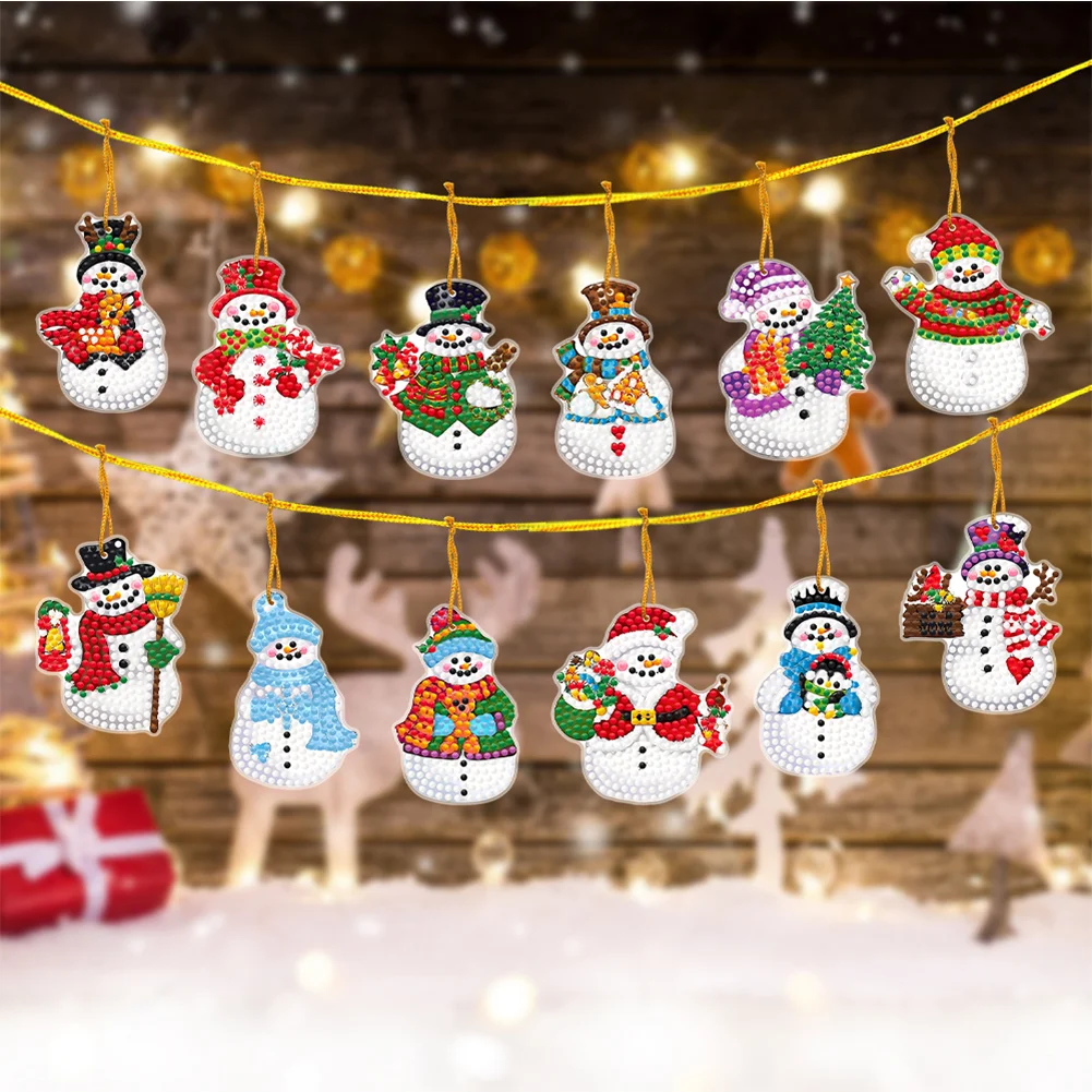 12Pcs DIY Snowman Acrylic Christmas Hanging Diamond Painting Art Kits for Christmas Tree