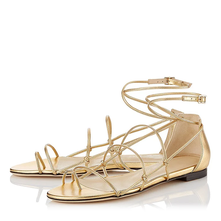 FSJ Gold Toe Loop Strappy Flat Gladiator Sandals for Women |FSJ Shoes