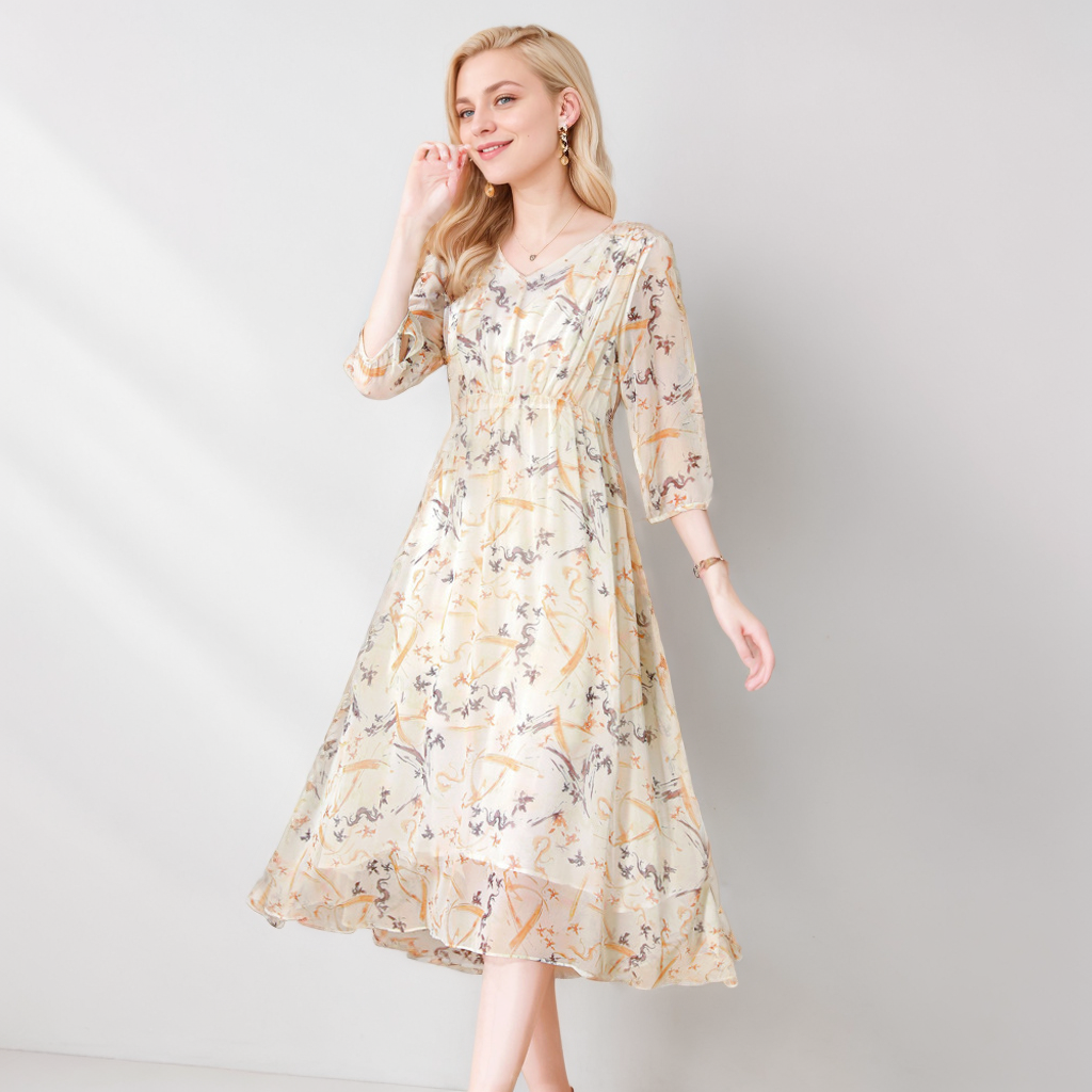 Beige Silk Dress Pattern Beach Style REAL SILK LIFE