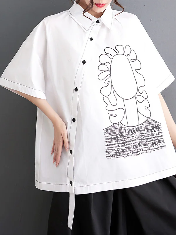 Loose Short Sleeves Abstract Printed Lapel Shirts Tops
