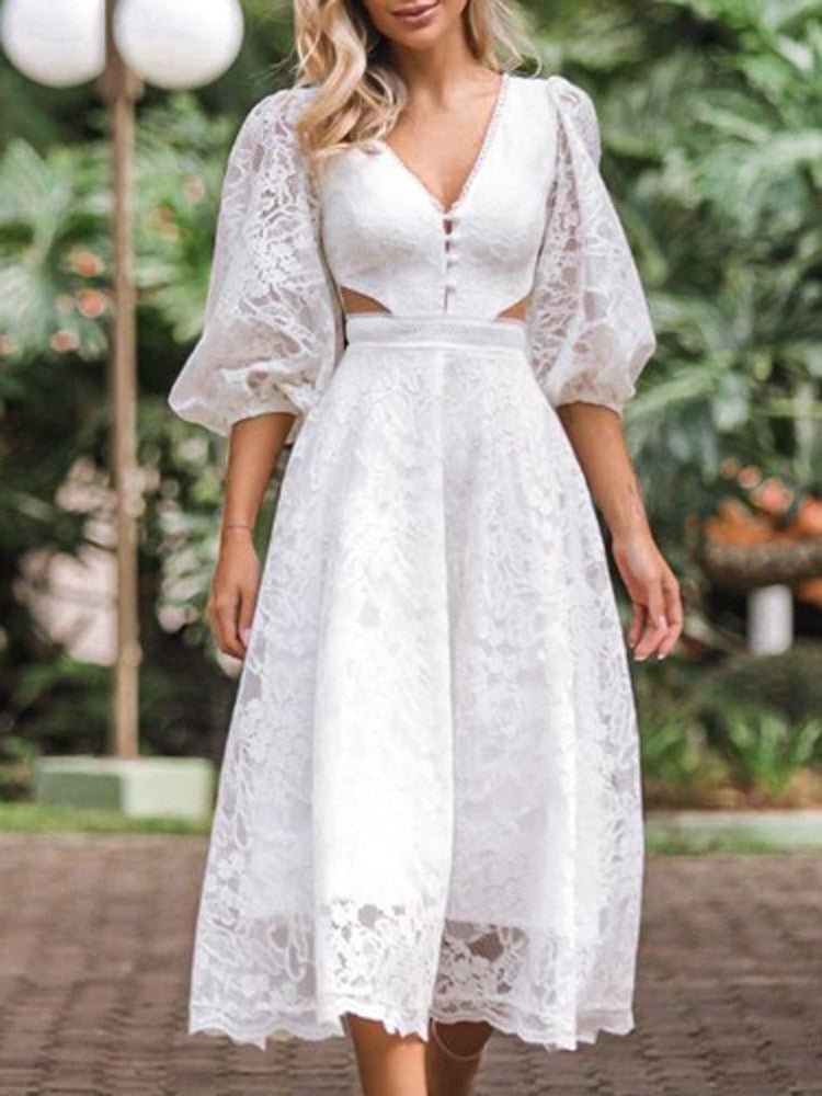 Women Elegant Embroidery Lace Crochet Dress Fashion Solid V Neck Buttons Hollow Out Party Dress Lady Casual Lantern Sleeve Dress