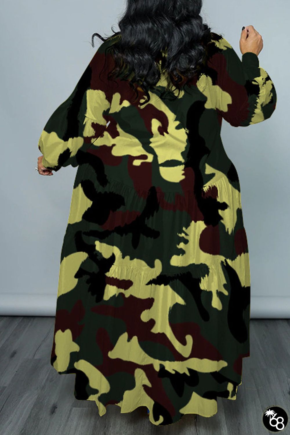 Camouflage Casual Print Patchwork Buckle Fold Turndown Collar Long Dress Plus Size Dresses | 168DEAL