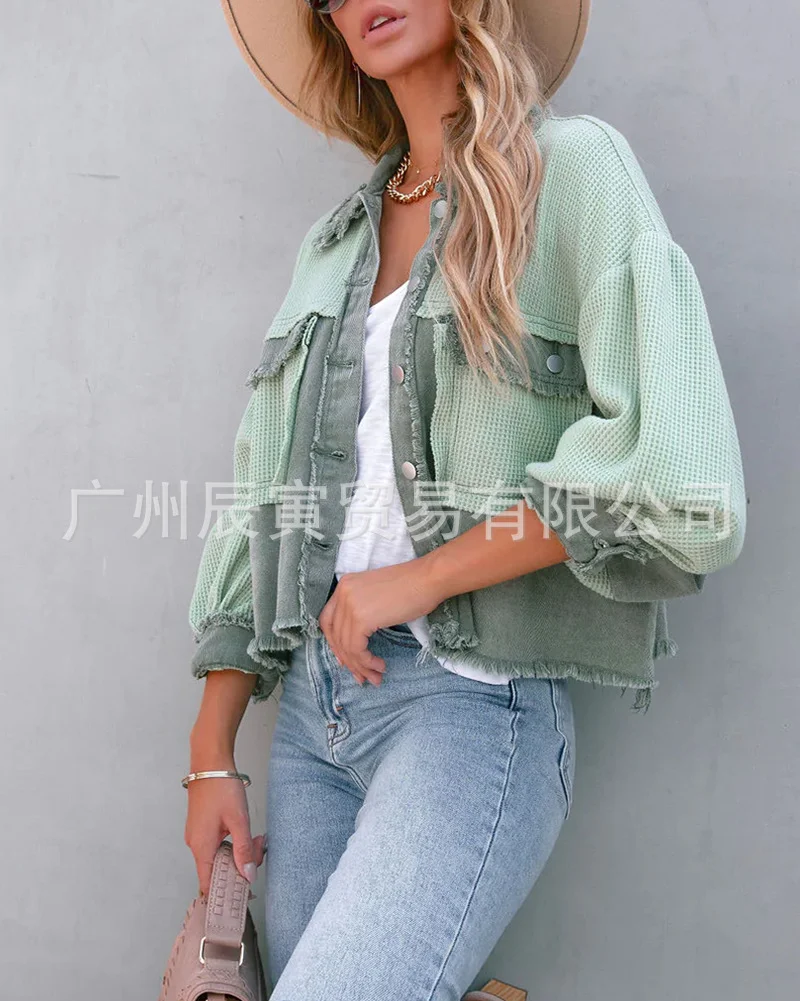 Toloer The Ins New Autumn / Winter Ladies Cotton Waffle Denim Patchwork Niche Loose Jacket Jacket-Outfit Ideas