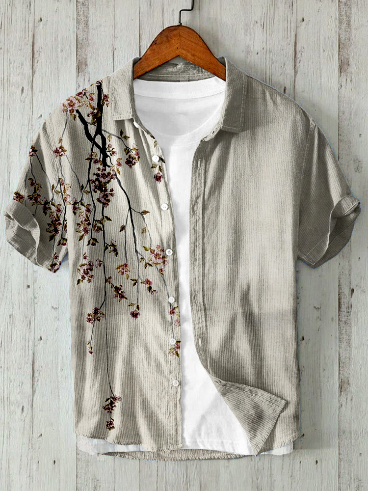 menweary Japanese Cherry Blossom Water Sunset Art Linen Blend Shirt
