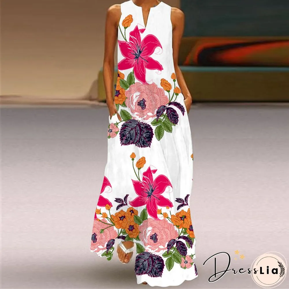 New Fashion Print Summer Dress Casual Sexy Boho Beach Women Party V-neck Sleeveless Pocket