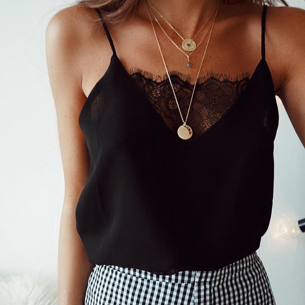 Plus Size Sexy Spaghetti Strap Tops Vest Lace Female Camisole Tank Crop Tops Summer Streetwear Sleeveless Top Women Camisole