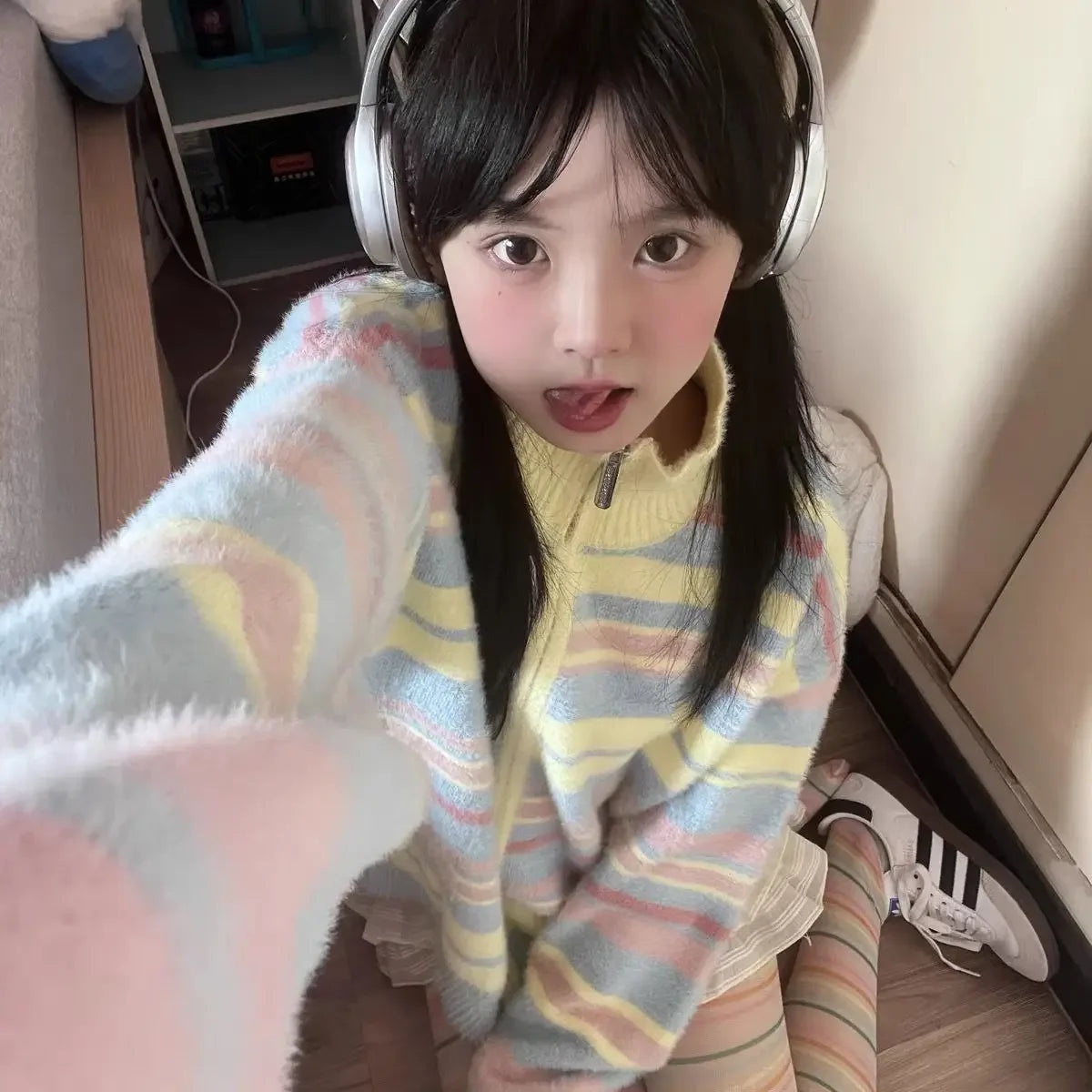 Aiertu  Y2K Aesthetic Vintage Striped Knitted Cardigan Women Harajuku Kpop Zipper Oversized Sweater Korean Sweet All-match Tops Aiertu