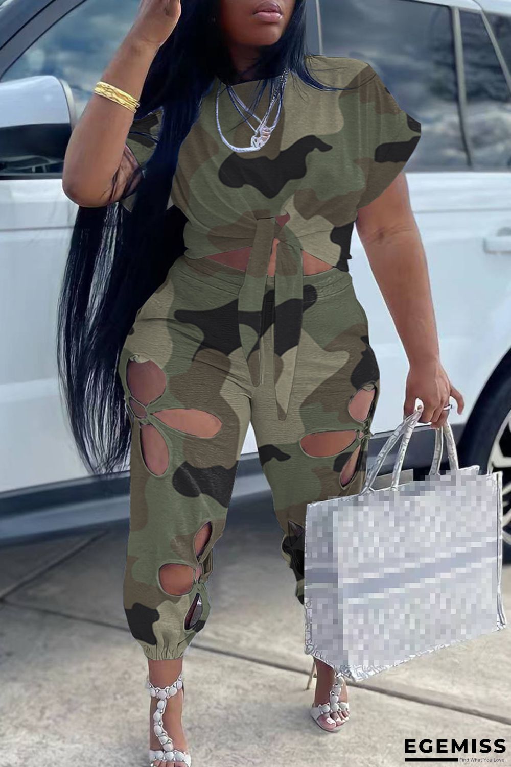 Army Green Casual Camouflage Print Hollowed Out O Neck Plus Size Two Pieces | EGEMISS