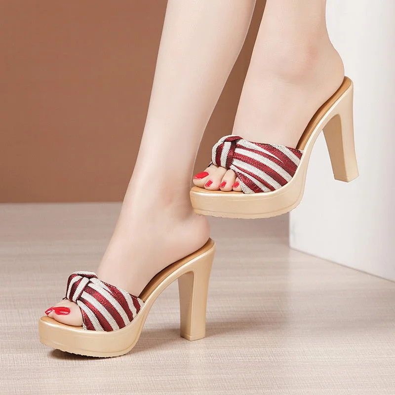 Big Size 32-43 Open Head Bow Stripe Slides Women Shoes Sumer 2022 High Heels Slippers Ladies Office Beach Slippers