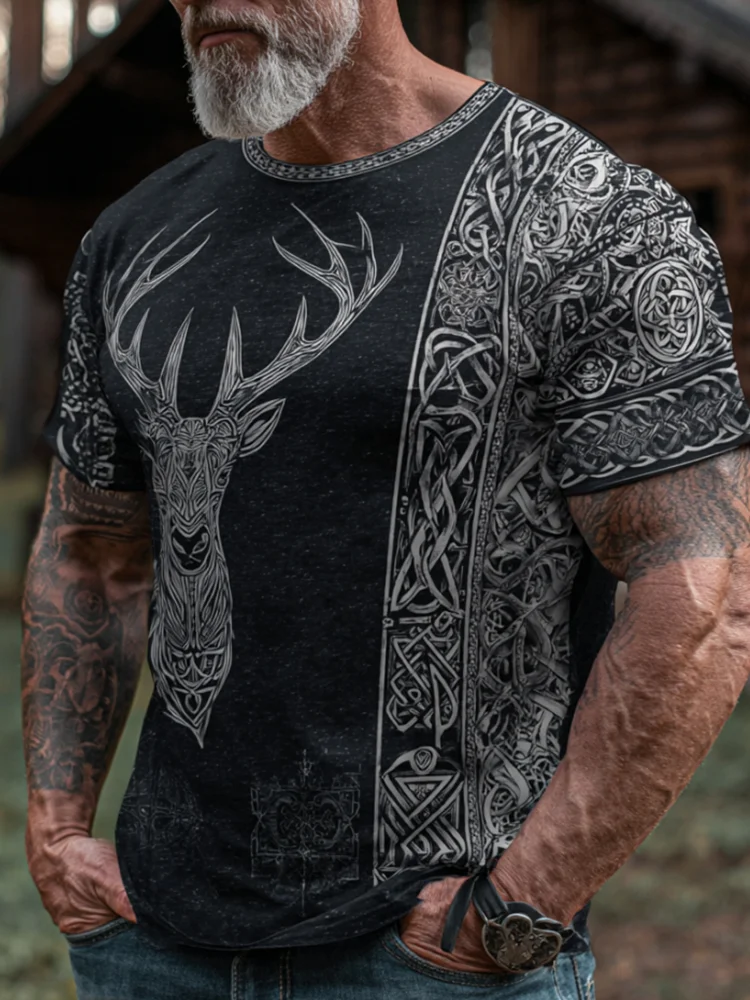 Viking Deer Pattern And Celtic Knot Art Distressed Round Neck Short Sleeve