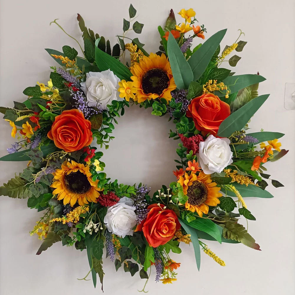 Berry Rattan Circle Simulation Sunflower Wreath Ornament for Thanksgiving