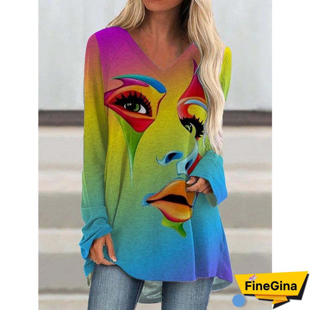 Women Fashion Casual Printed V Neck Long Sleeved Shirts & Tops Graffiti Print T-shirt