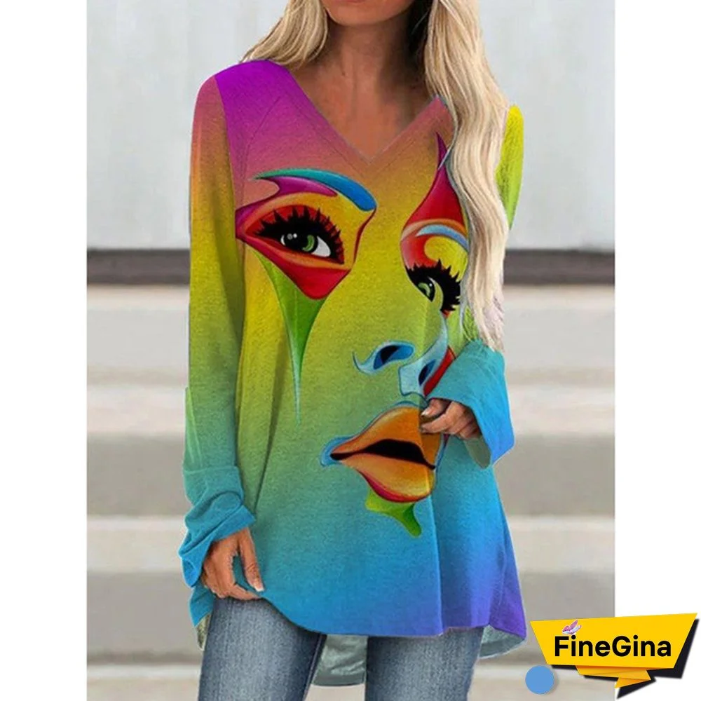 Women Fashion Casual Printed V Neck Long Sleeved Shirts & Tops Graffiti Print T-shirt