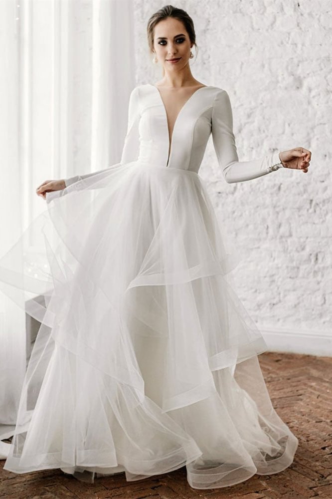 Sleeves Long Tulle Wedding Dress | Ballbellas Ballbellas