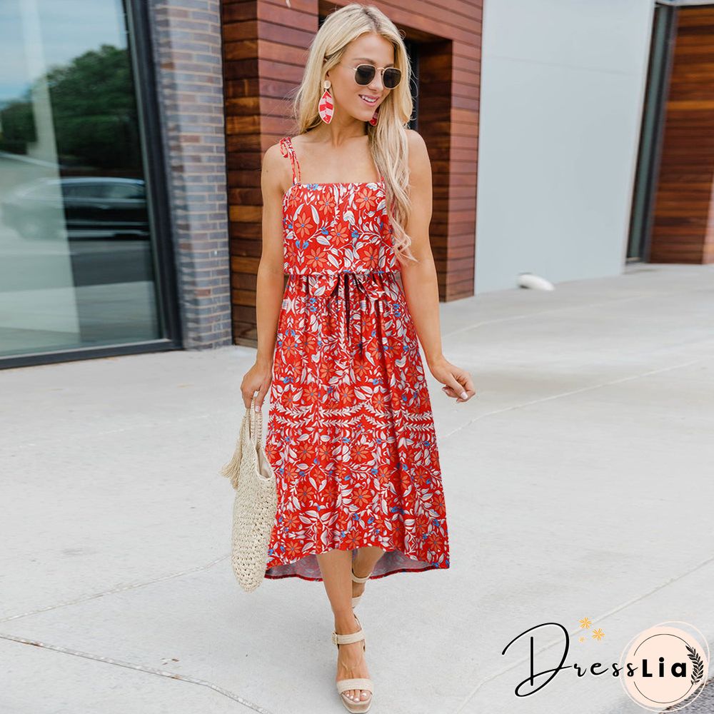 Adjustable Spaghetti Strap Floral Tie Front Sleeveless Maxi Dress