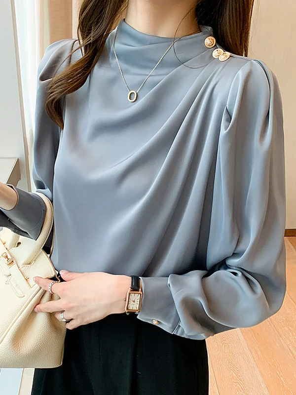 Pleated Split-Joint Loose Puff Sleeves High Neck Blouses&shirts Tops