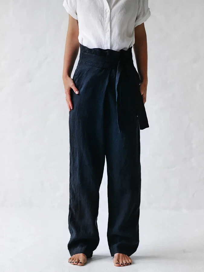 Blue Cotton Linen Lace Up Casual Pants