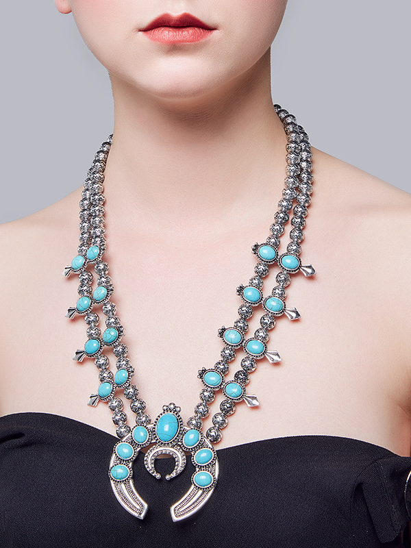 Bohemian Style Tribal Turquoise Necklace Horn Pendant Alloy Plating Necklace