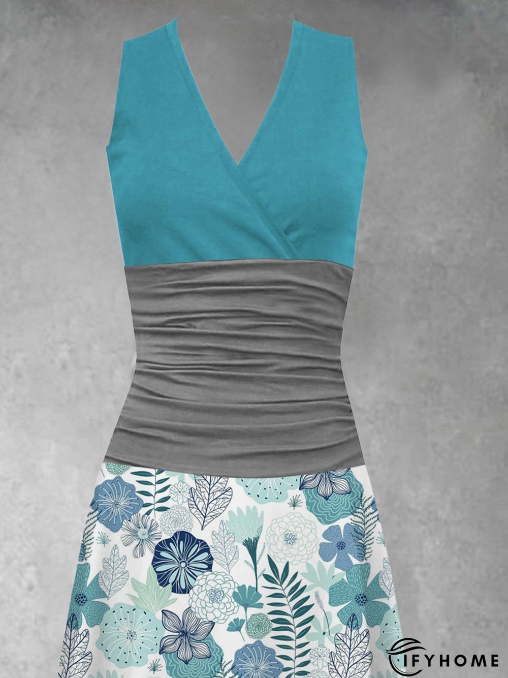 Hit Color Printing Stitching V-Neck Sleeveless Floral Cold Shoulders Knitting Dress | IFYHOME