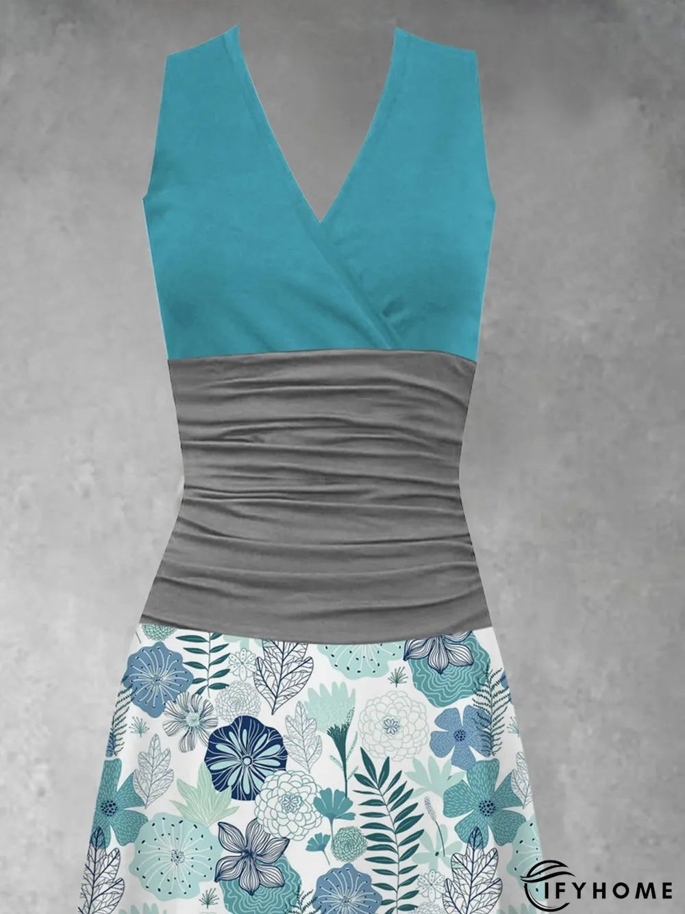 Hit Color Printing Stitching V-Neck Sleeveless Floral Cold Shoulders Knitting Dress | IFYHOME