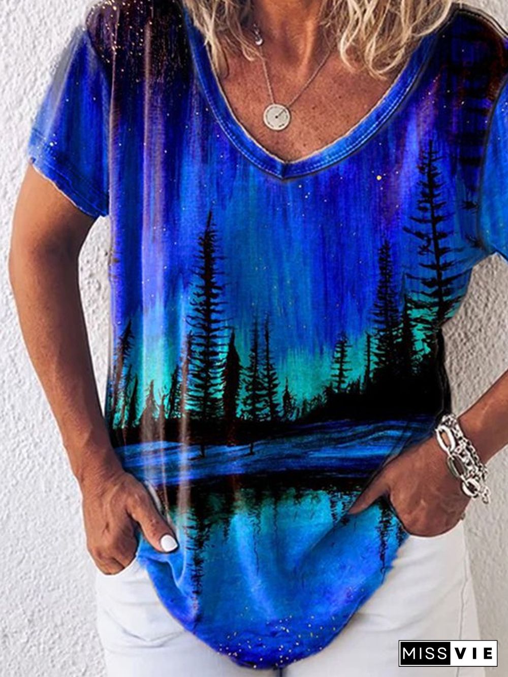 Short Sleeve V Neck Landscape Print Casual T-shirt