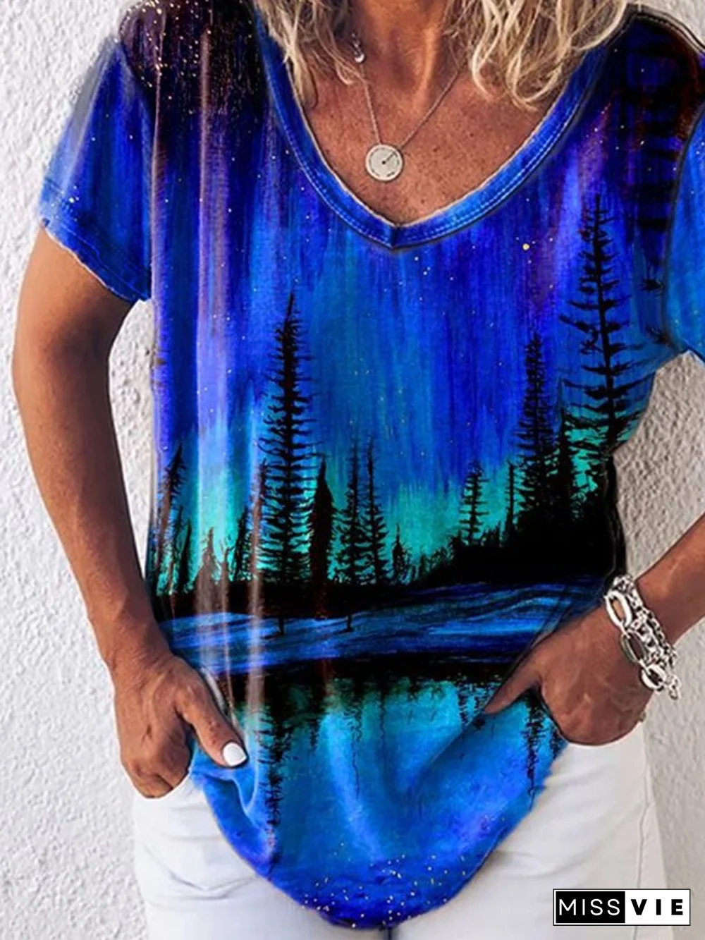 Short Sleeve V Neck Landscape Print Casual T-shirt