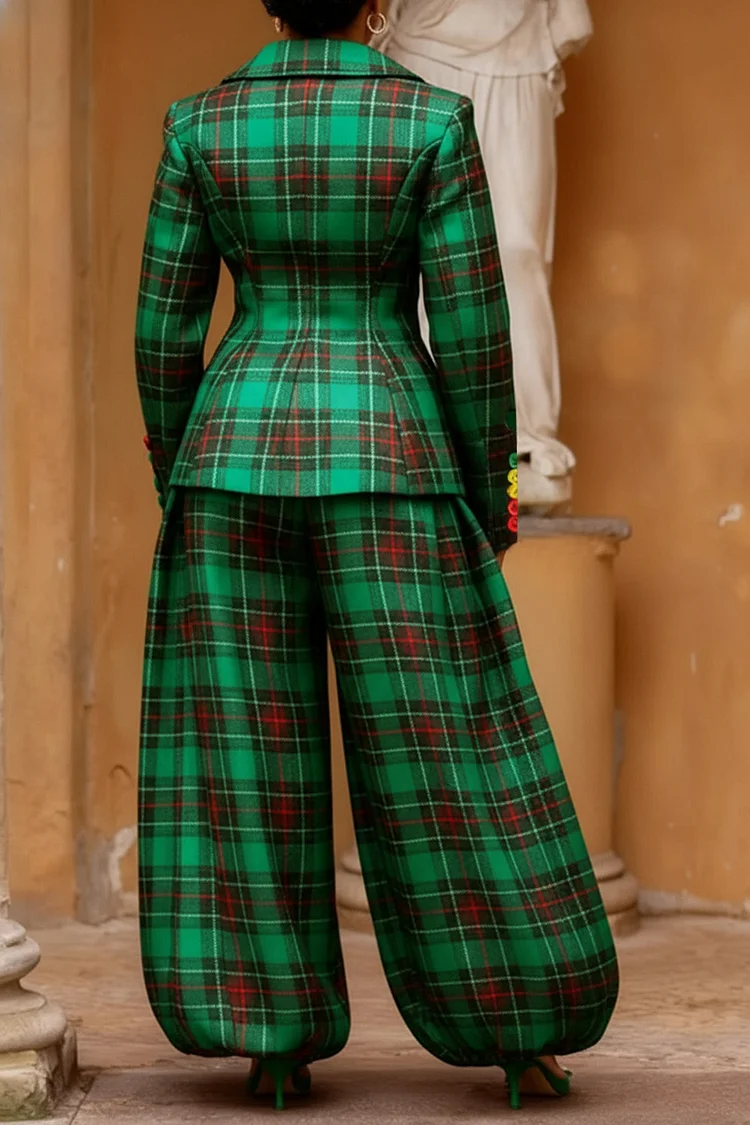 Plus Size Christmas Green Plaid Turndown Collar Long Sleeve Pocket Elegant Jogging Two Piece Pant Sets [Pre-Order]