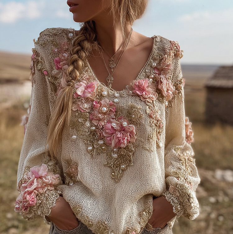 Bohemian Style Round Neck Long Sleeve 3d Floral Design Women's Sweater