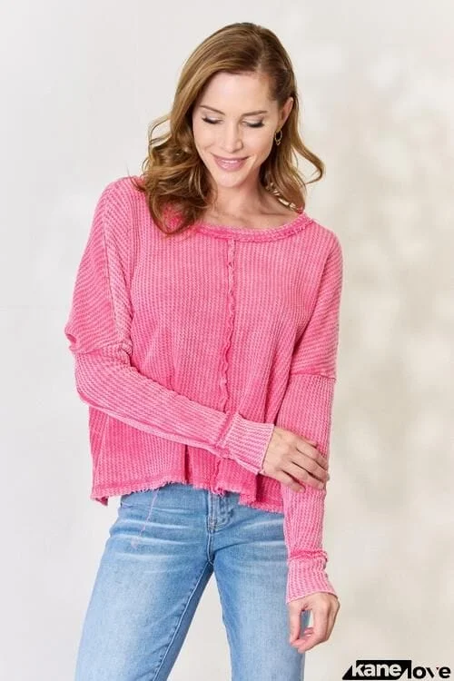 Zenana Washed Waffle-Knit Long Sleeve Top