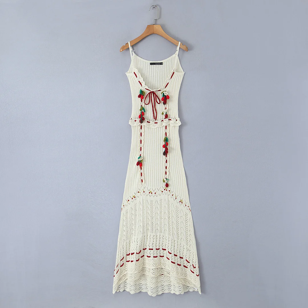 Nncharge Summer Holiday Robe Hand Made Crochet 3D Cherry Knitting Sling Dress Women Spliced Wood ears Bow Waist Midi Long Robe