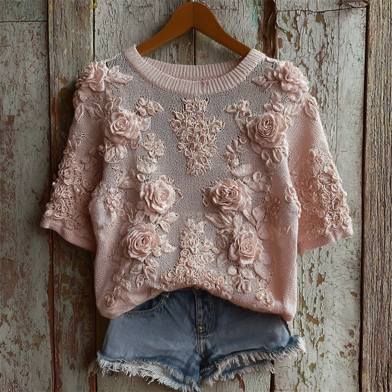 Classy Pink Roses Lace Knit Short Sleeve Sweater wearshes