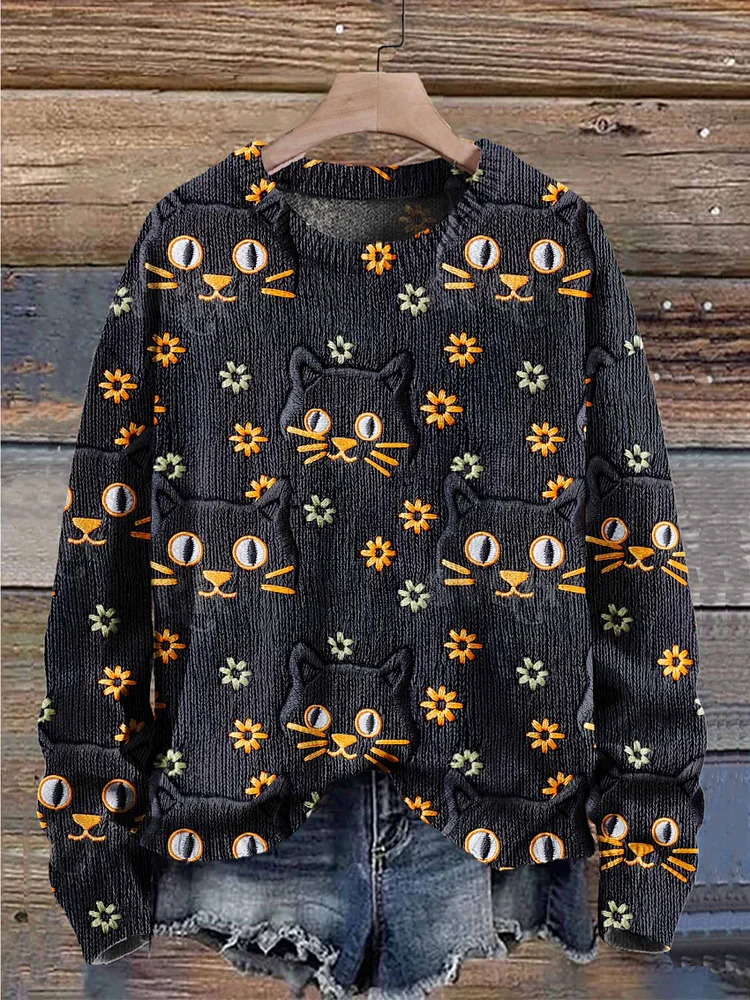 Black Cat Flower Autumn Season Halloween Art Print Knit Pullover Sweater