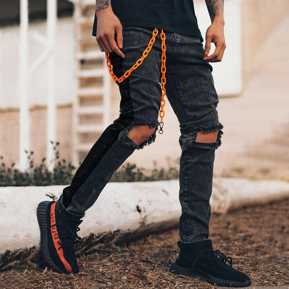 Casual Solid Color-block Paneled Cutout Pockets Jeans