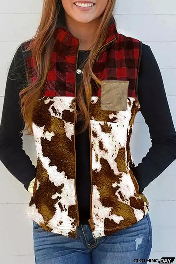 Cow Print Buffalo Plaid Pocket Vest Coat