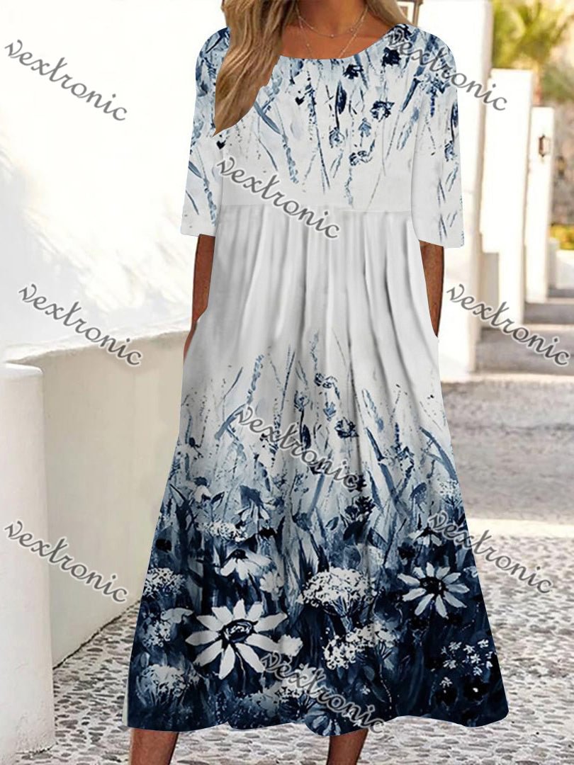 Women's Floral Half Sleeve Scoop Neck Graphic Floral Printed Midi Dress
