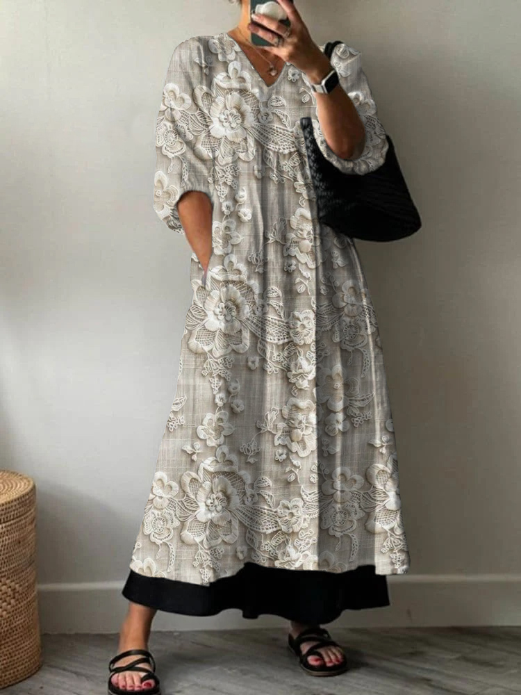 Vintage Floral Print V Neck Pocket Dress