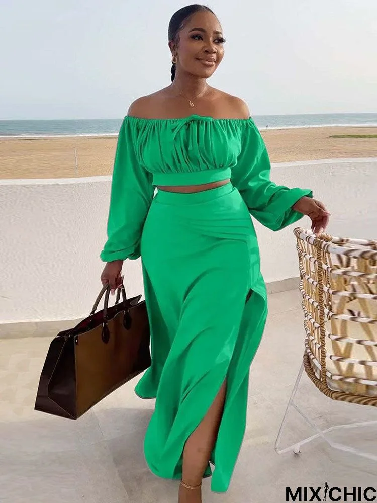 Lantern Sleeve Plus Size Two-Piece Set