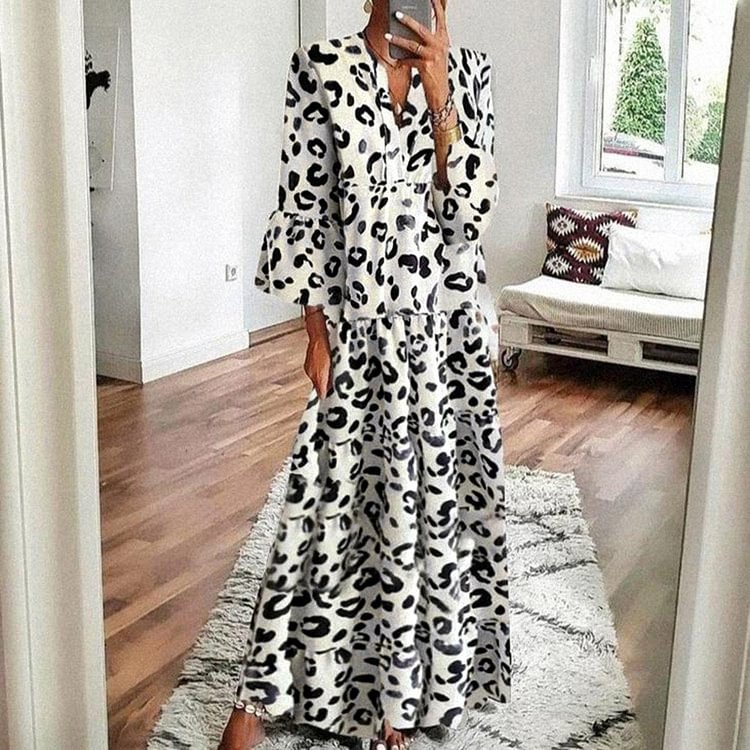 Hepburn Style Women Flare Sleeve V Neck Leopard Print Long Maxi Dress