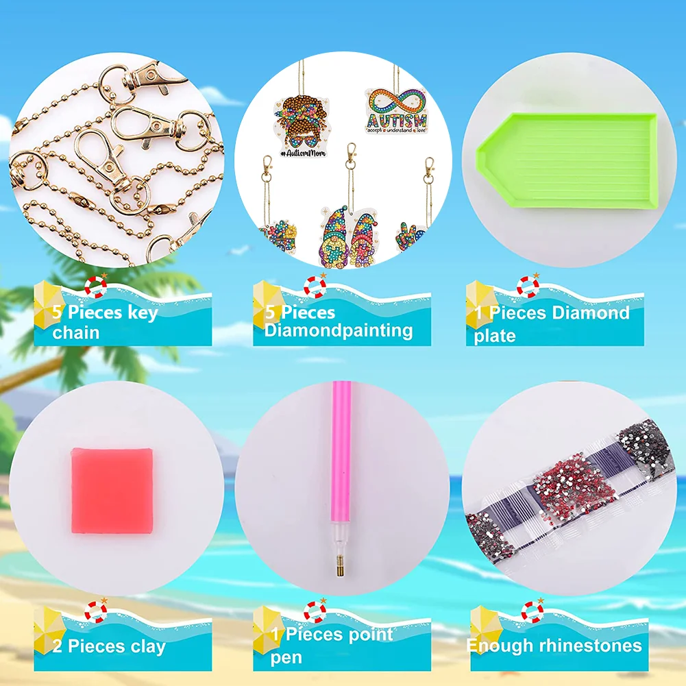 5pcs DIY Goblin Diamond Art Keychains Diamond Mosaic Kit Point Drill Key Ring(Double Side)