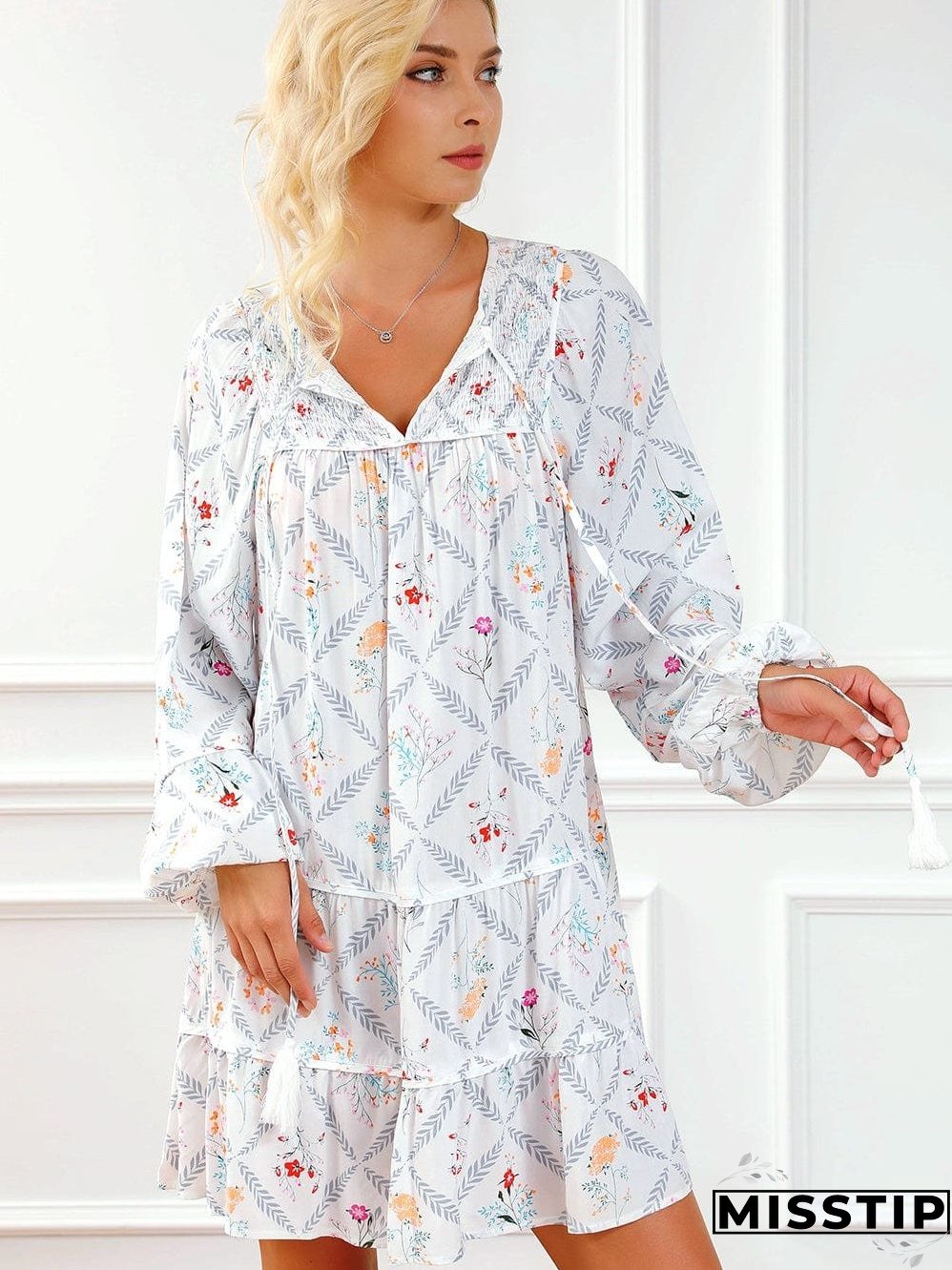 Bohemian White Floral Mini Dress with Puff Sleeves