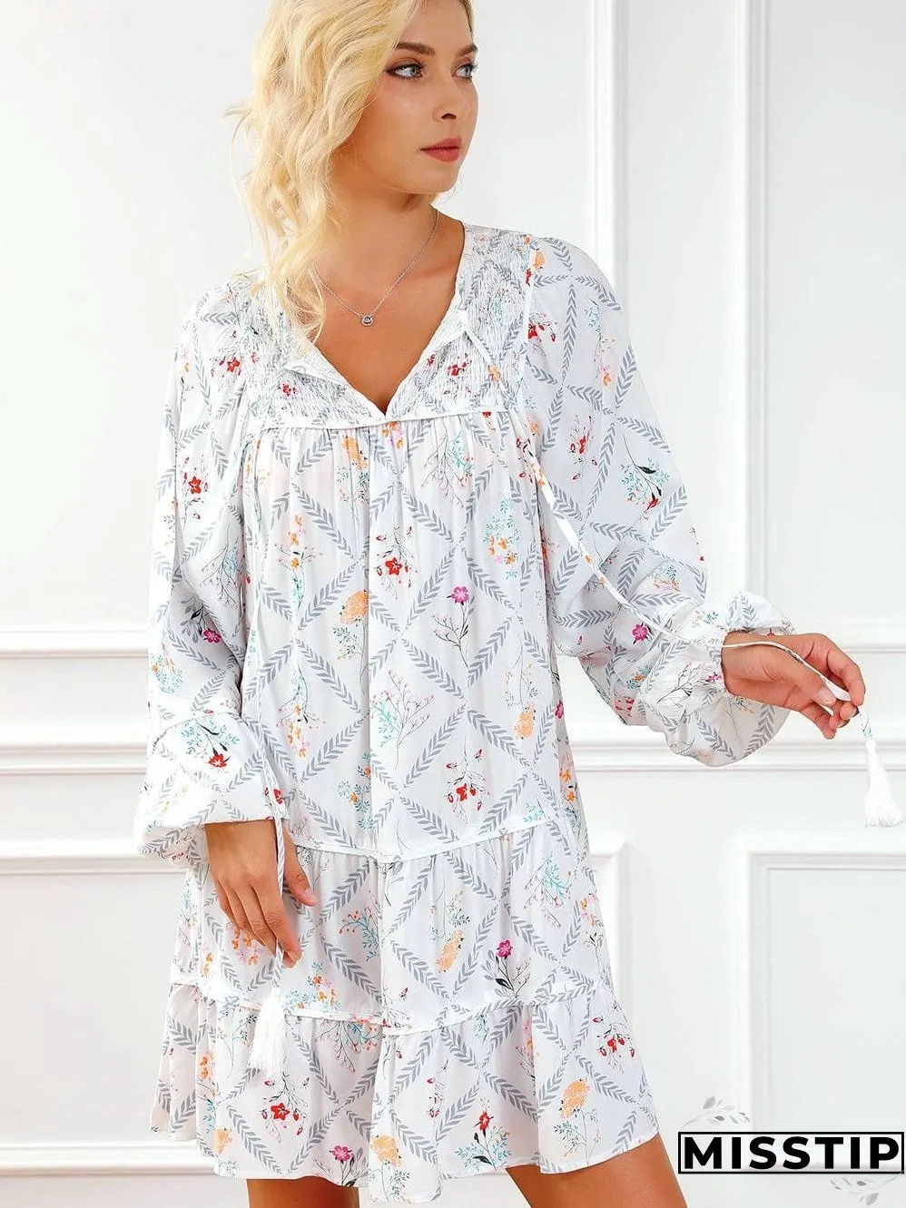 Bohemian White Floral Mini Dress with Puff Sleeves