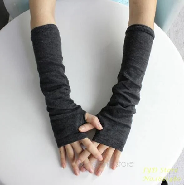 CUHAKCI Knitted Protection Fingerless Long Gloves Women Arm Warmers Solid Warm Mittens Half Finger Sleeves Black