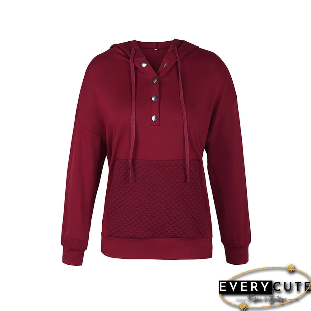 Solid Wine Red Button Collar Pocket Hoodie