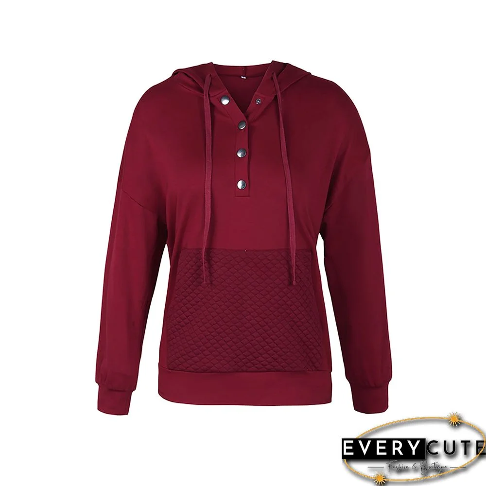Solid Wine Red Button Collar Pocket Hoodie